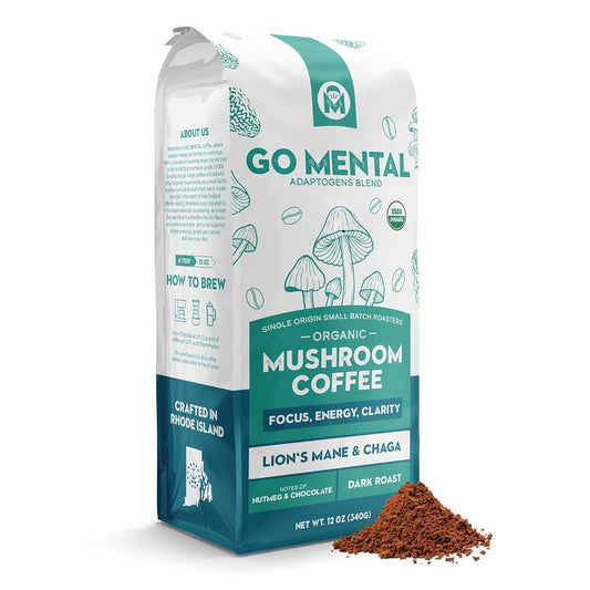 Organic Lion's Mane and Chaga Mushroom Coffee Dark Roast by GO MENTAL MUSHROOM COFFEE, featuring brewed coffee in a mug.