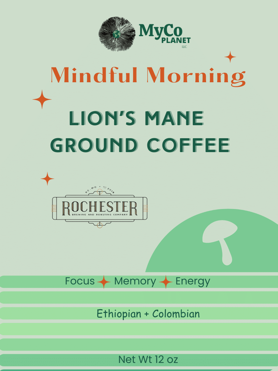 Ground Lion's Mane coffee by MyCo Planet in a resealable bag with a label featuring the lion's mane mushroom illustration.