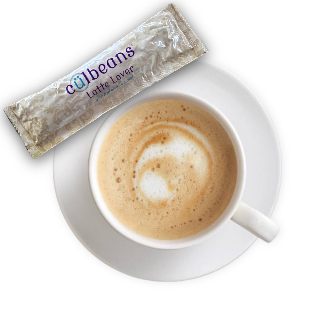 Cülbeans Latte Lover coffee stick for making creamy, rich lattes at home, shown with coffee stick and latte cup.