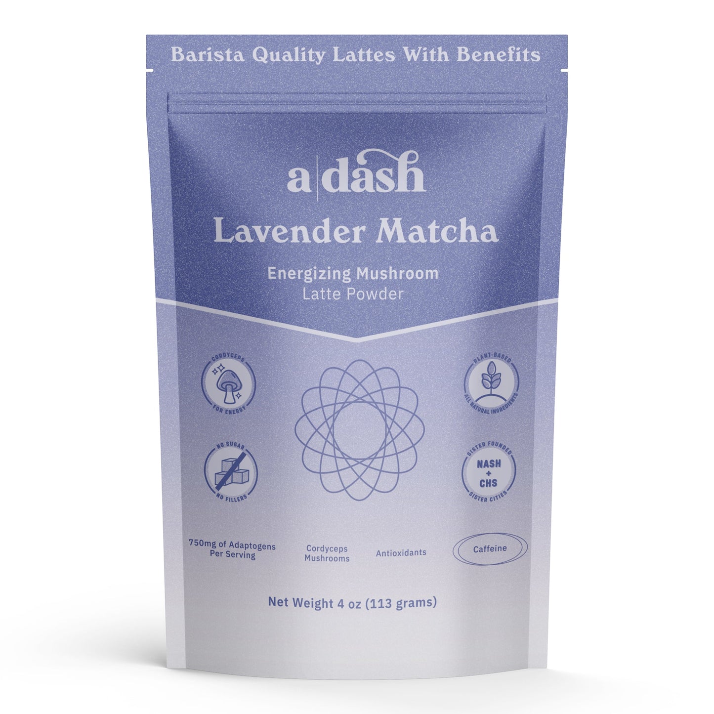 a|dash Lavender Matcha with Cordyceps powdered beverage mix in a jar, featuring purple lavender and green matcha powder on the front.
