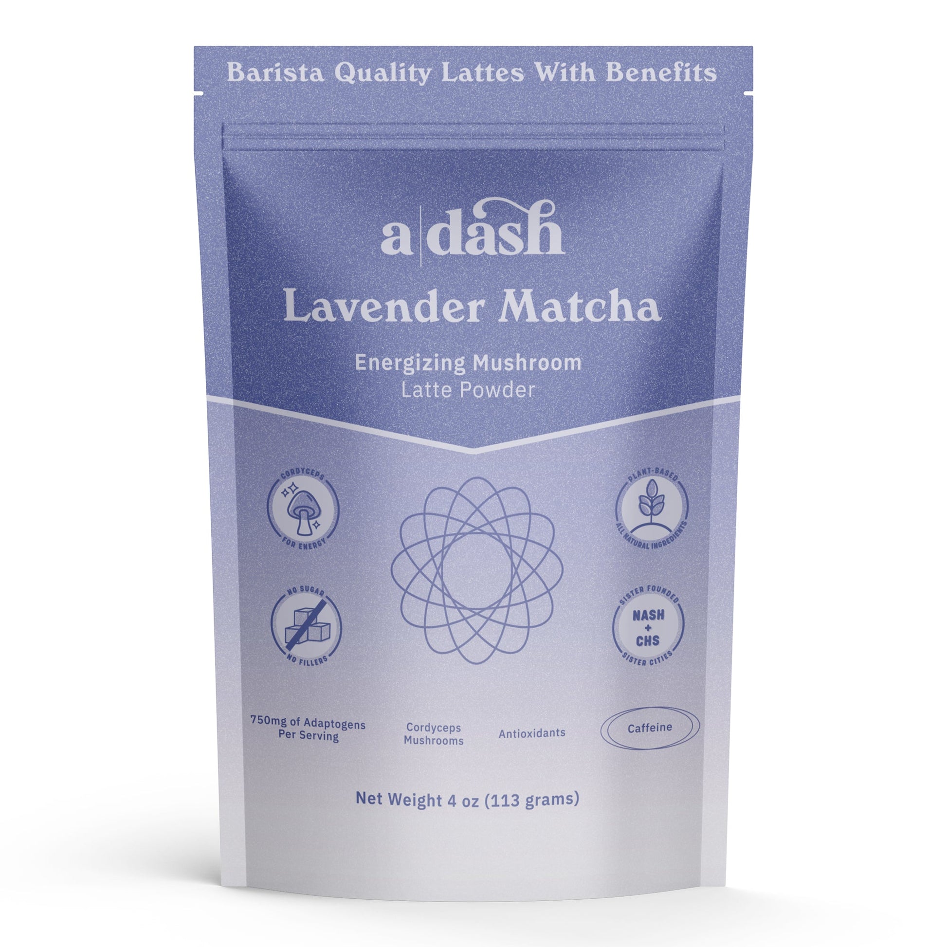 a|dash Lavender Matcha with Cordyceps powdered beverage mix in a jar, featuring purple lavender and green matcha powder on the front.