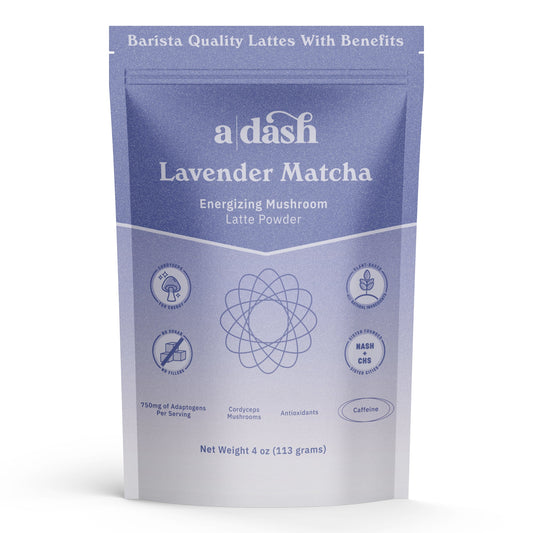 a|dash Lavender Matcha with Cordyceps powdered beverage mix in a jar, featuring purple lavender and green matcha powder on the front.