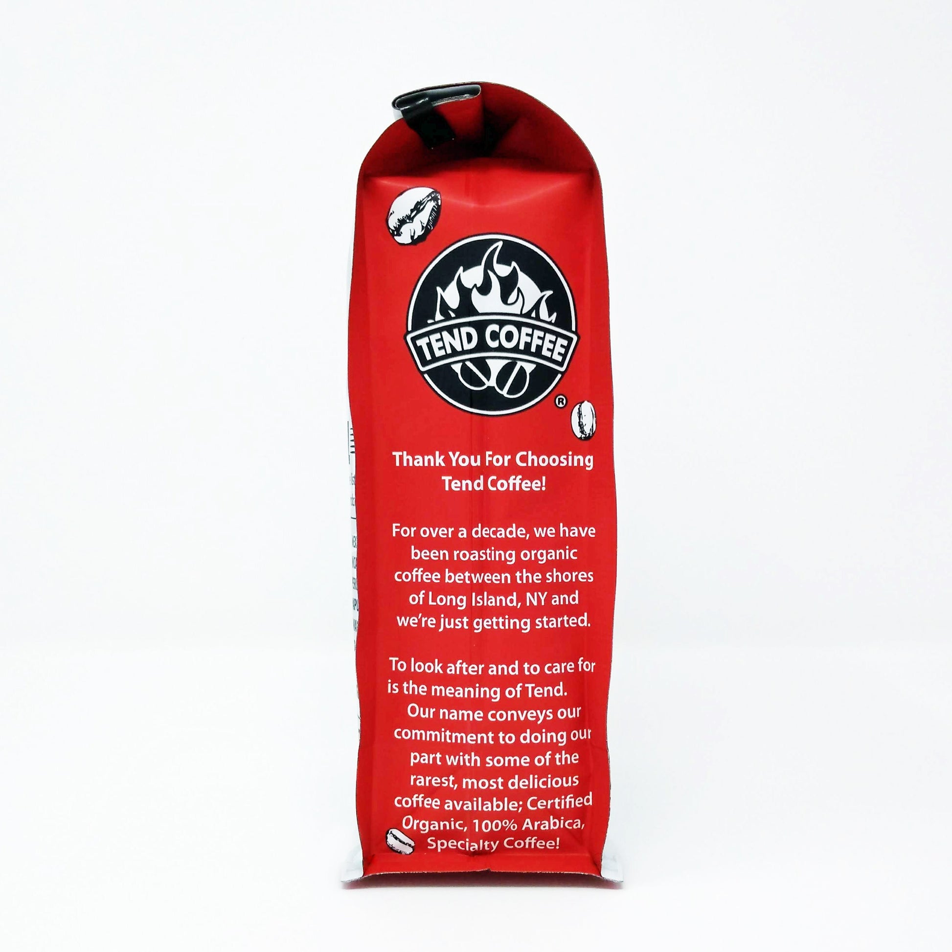 Tend Coffee Sidamo 1lb bag of freshly roasted coffee beans, shown from the left side in a resealable bag.