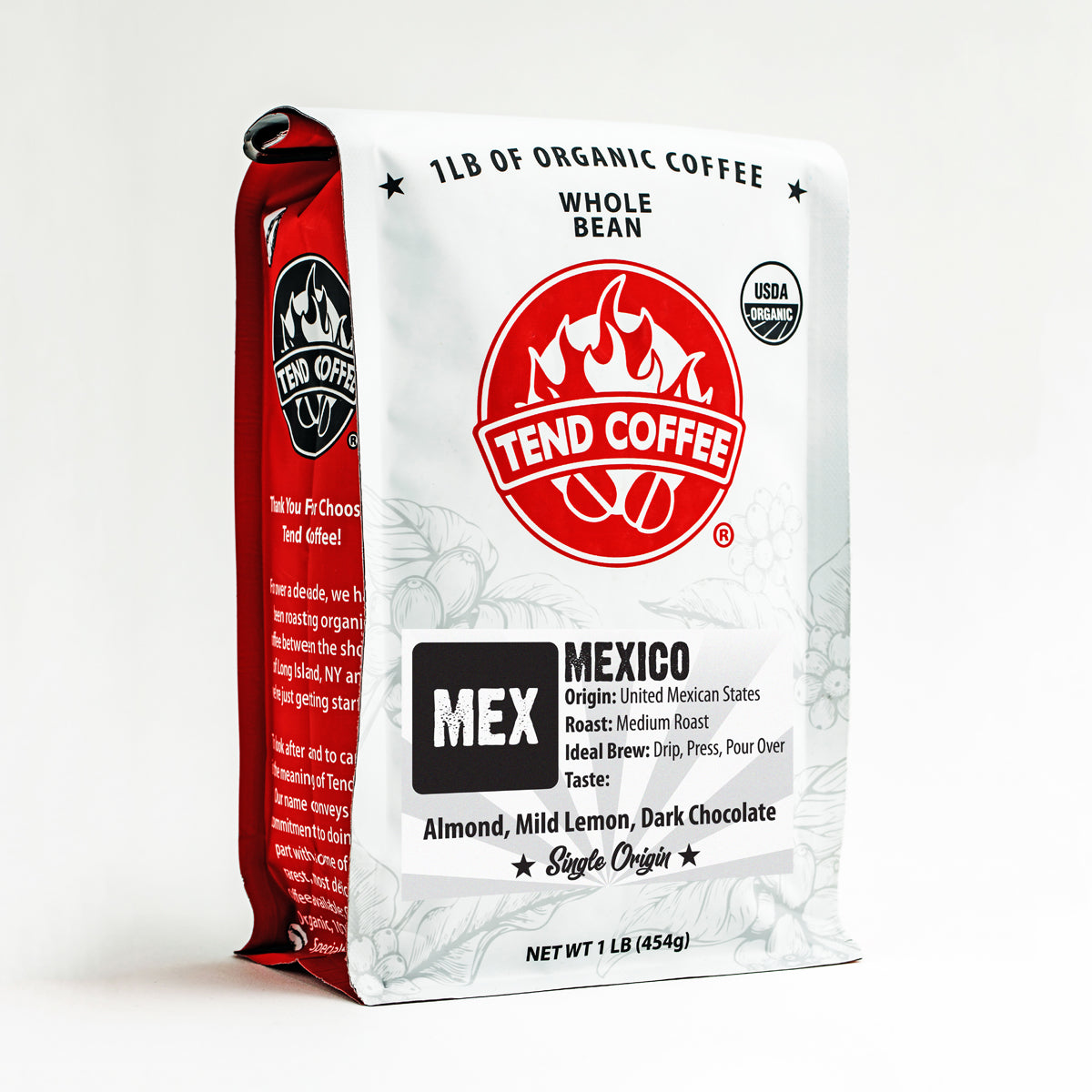 Freshly roasted Tend Coffee Mexico 1lb bag with vibrant Mexican-themed packaging and coffee beans visible in the image.