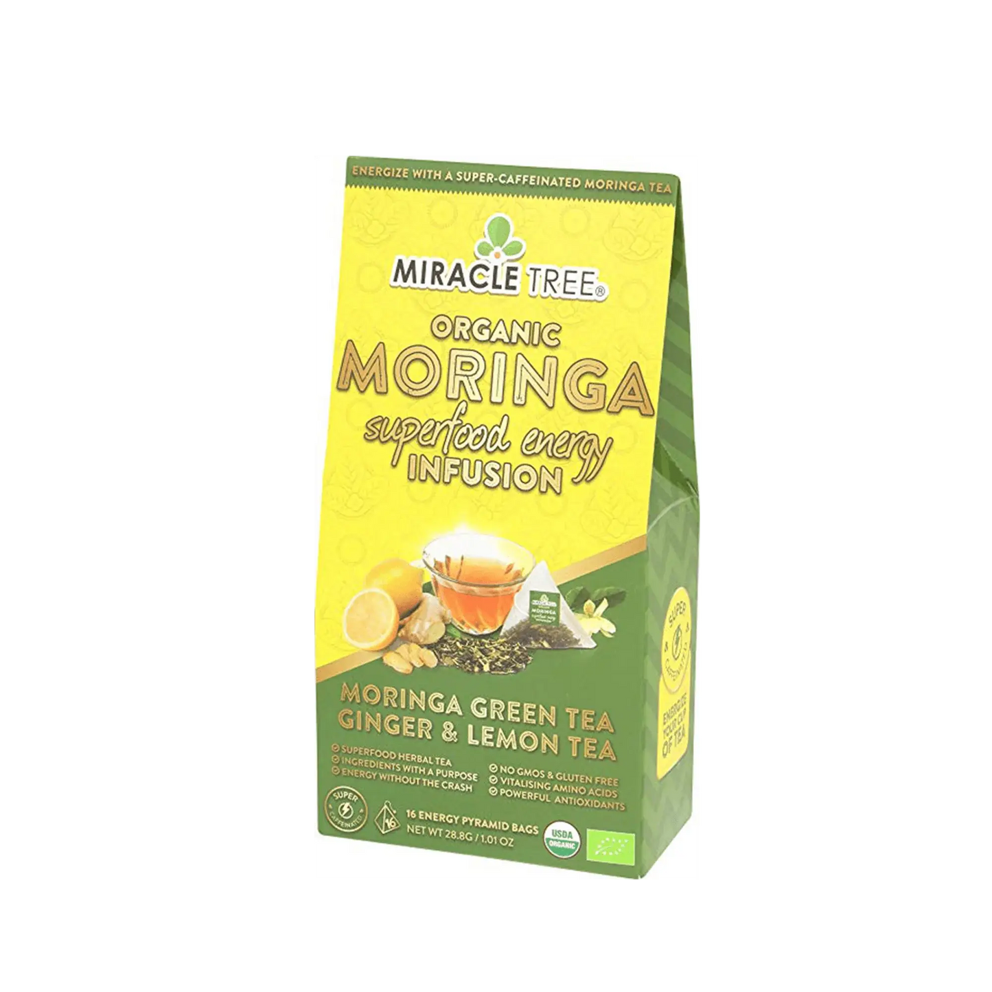 Organic Moringa Energy Tea by Miracle Tree with ginger and lemon, featuring fresh tea leaves and a citrus slice in a clear glass.
