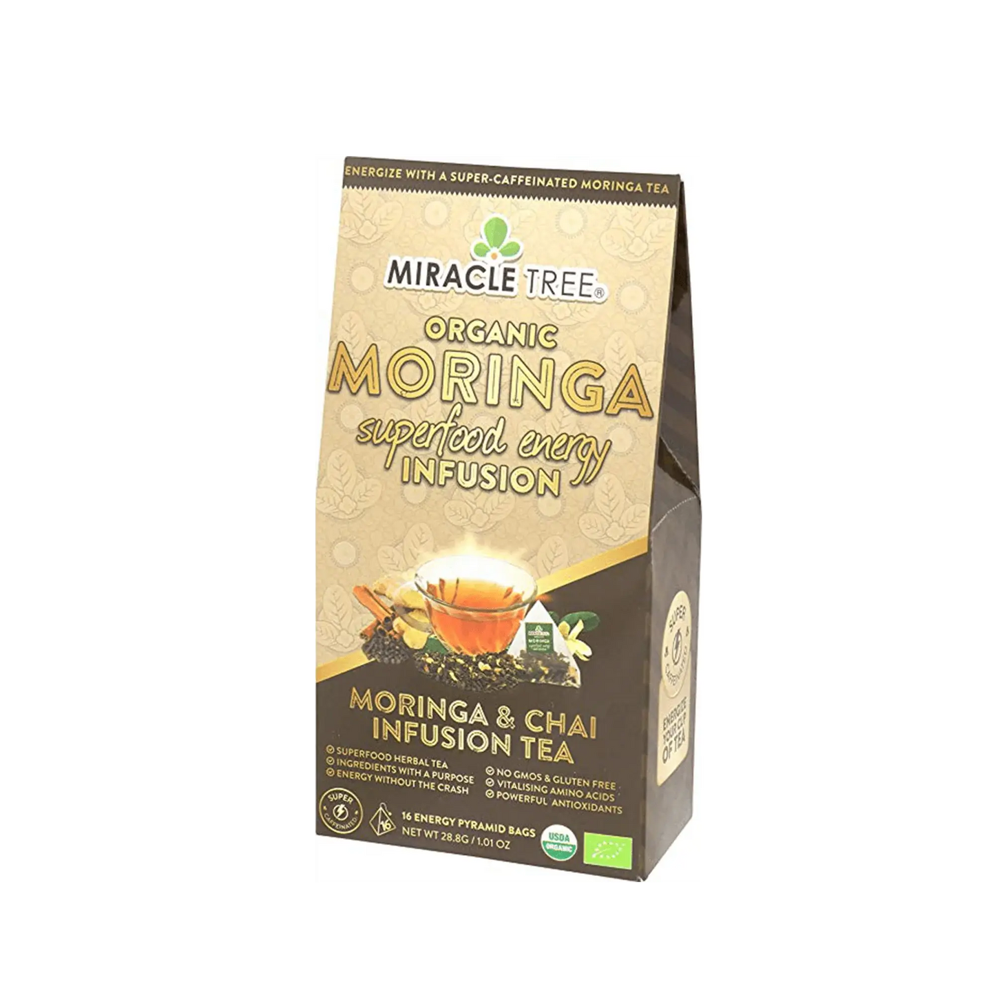 Organic Moringa Energy Tea by Miracle Tree with Chai spice flavor, brewed in a clear glass cup showing tea leaves and spices.