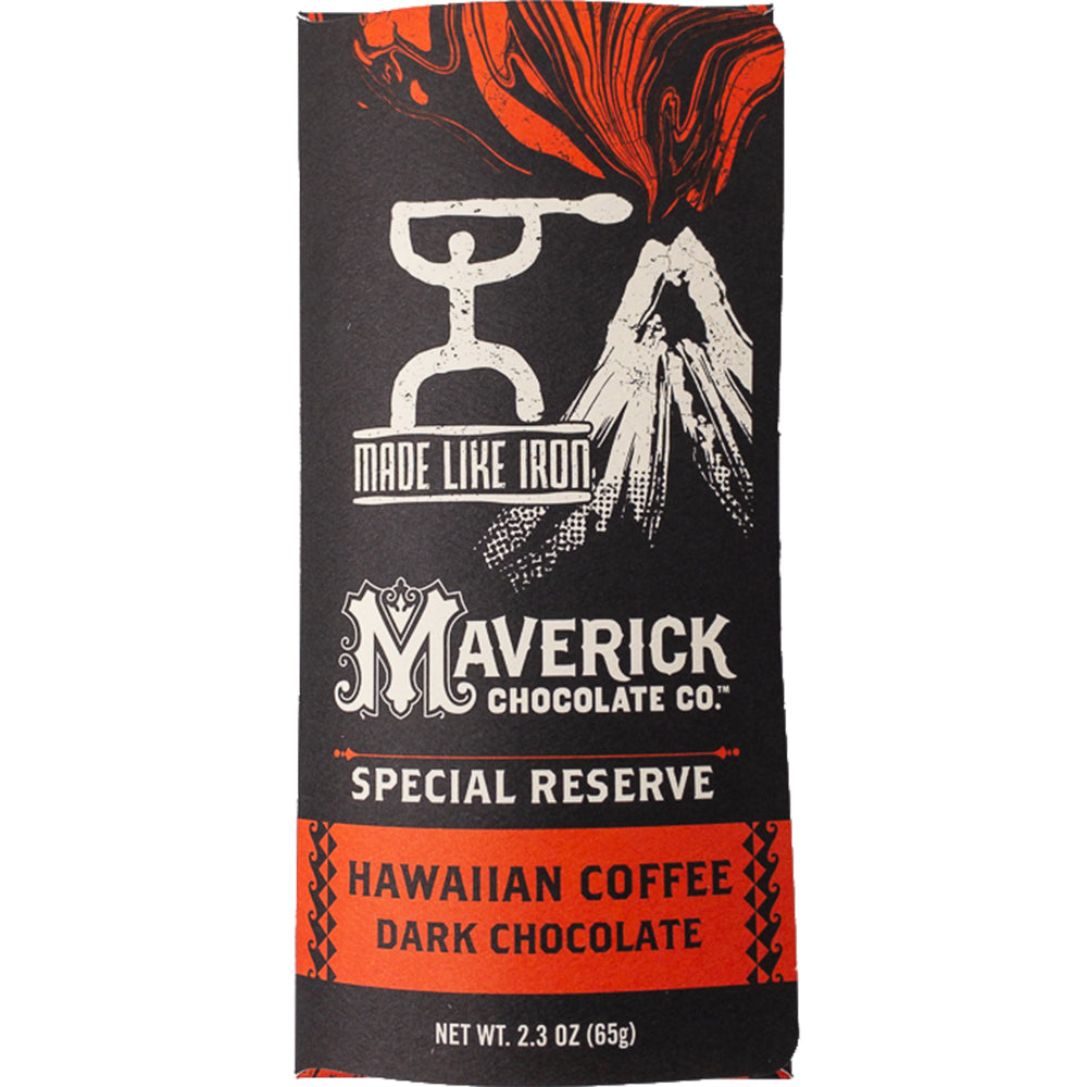 Dark chocolate coffee bar by MaverickChocolate with Hawaiian coffee flavor, showing a close-up of the bar's textured surface.