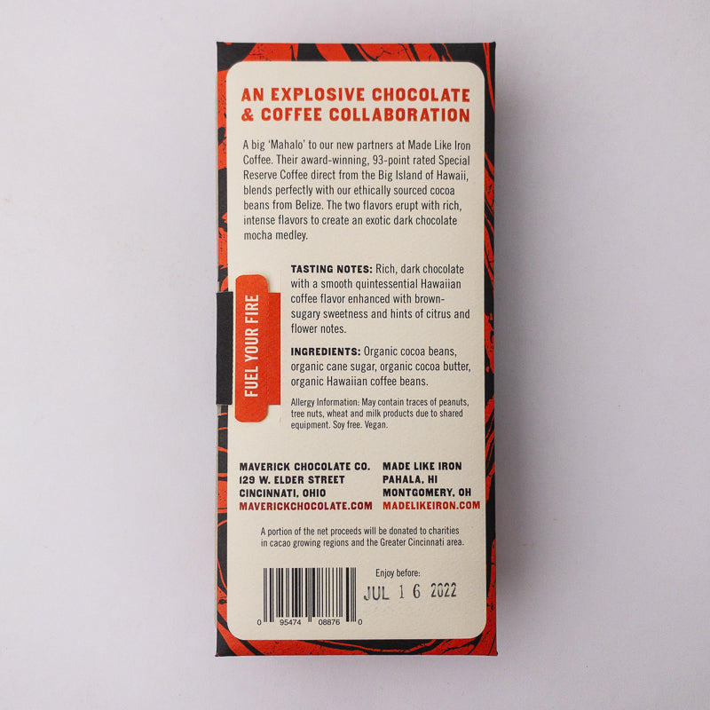 Dark chocolate coffee bar by MaverickChocolate, Made Like Iron Hawaiian Special Reserve coffee flavor, with rich chocolate and coffee layers.