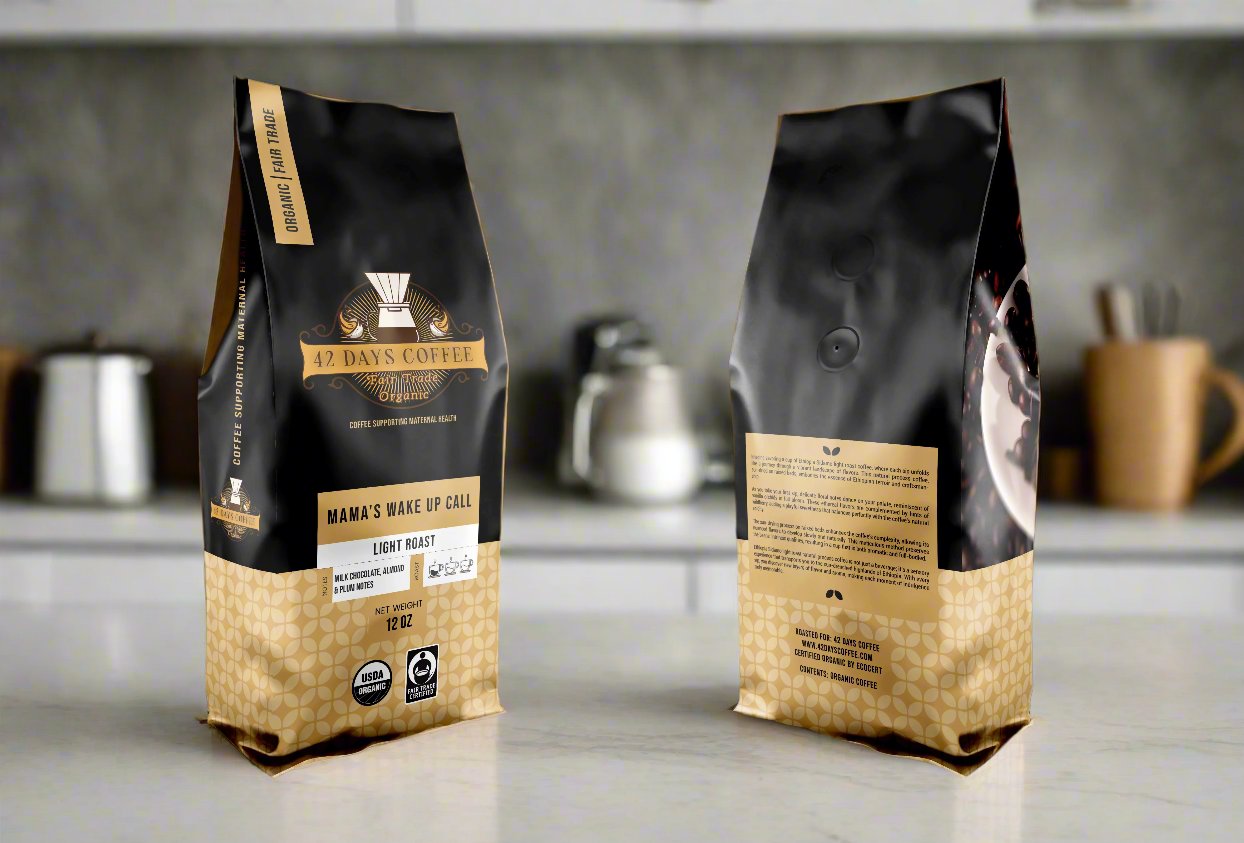 Front and back of Mama's Wake Up Call organic single origin coffee bag by 42 Days Coffee, showcasing packaging and branding.