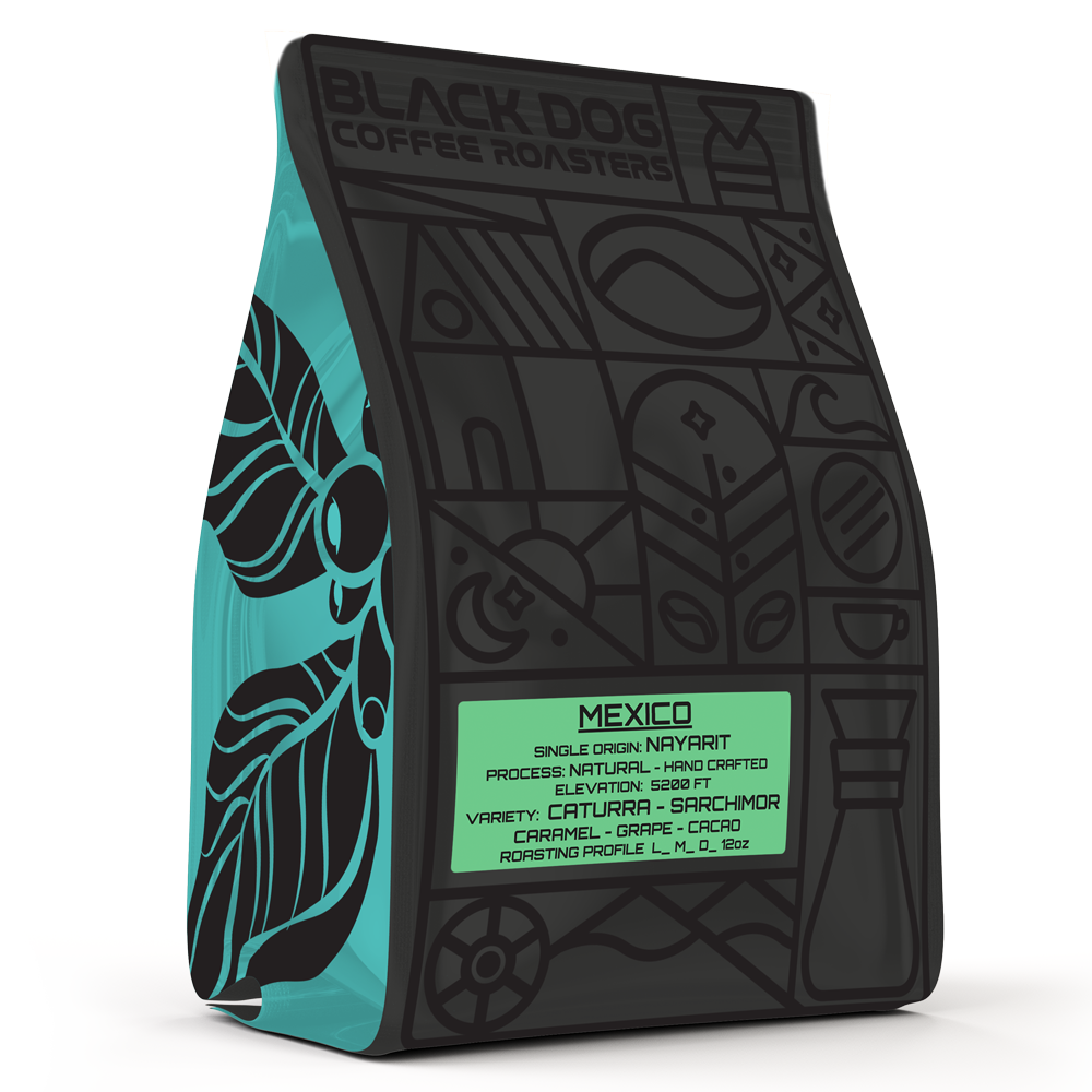 Black Dog Coffee Roasters jumping beans coffee in Mexico-themed packaging, featuring vibrant Mexico.png on the label.