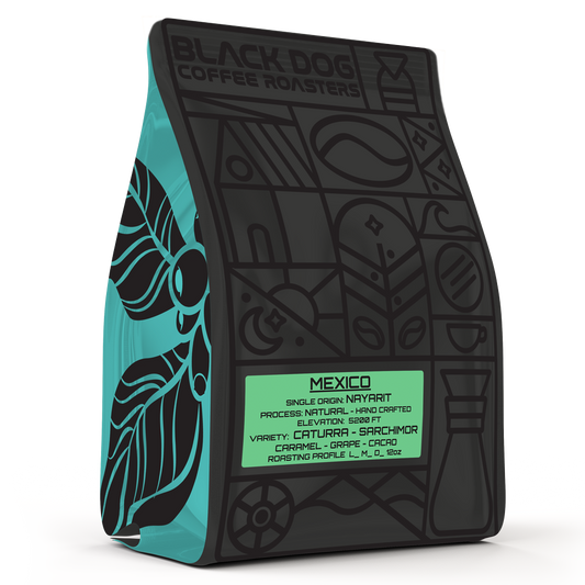 Black Dog Coffee Roasters jumping beans coffee in Mexico-themed packaging, featuring vibrant Mexico.png on the label.