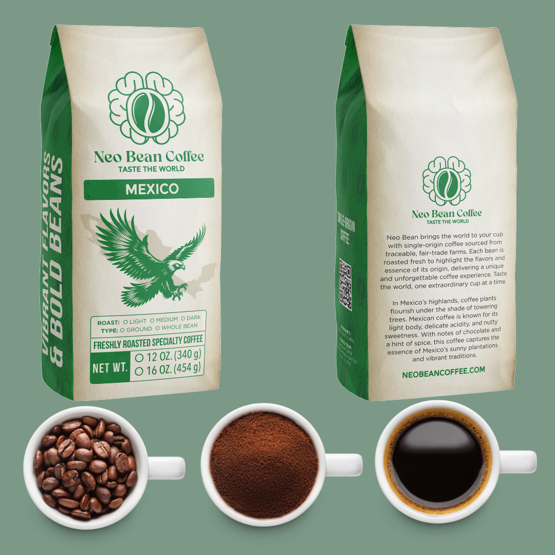 Freshly roasted NeoBean Organic Mexico Coffee single-origin coffee beans in a burlap bag with a rustic background.