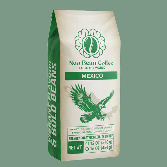 Freshly roasted NeoBean Organic Mexico single-origin coffee beans in a burlap bag, showcasing rich brown coffee beans.