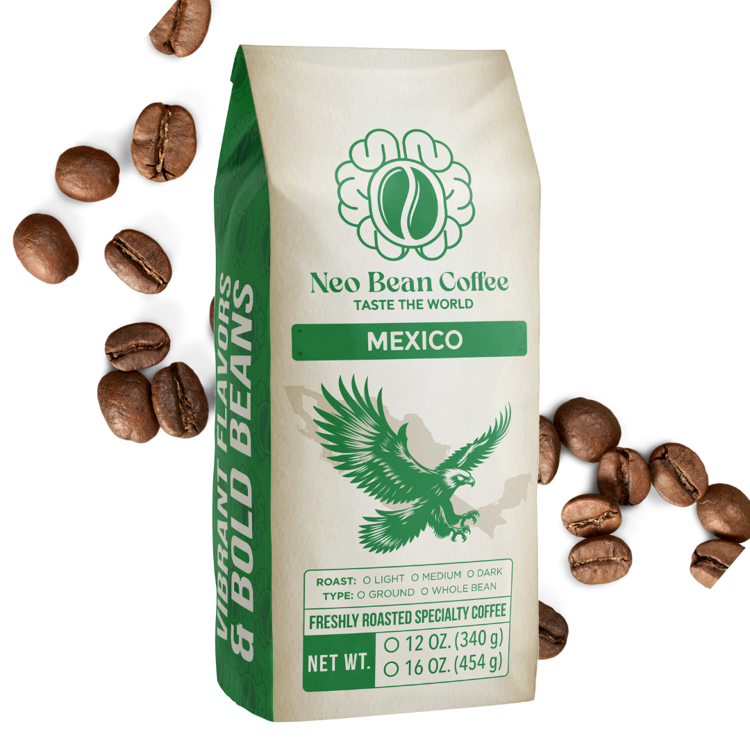 Freshly roasted NeoBean Organic Mexico Coffee beans, showcasing rich, aromatic single-origin specialty coffee.