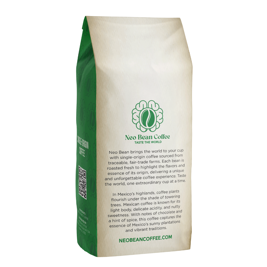 Freshly roasted NeoBean Organic Mexico Coffee single-origin coffee beans in a bag with a Mexico-themed label.