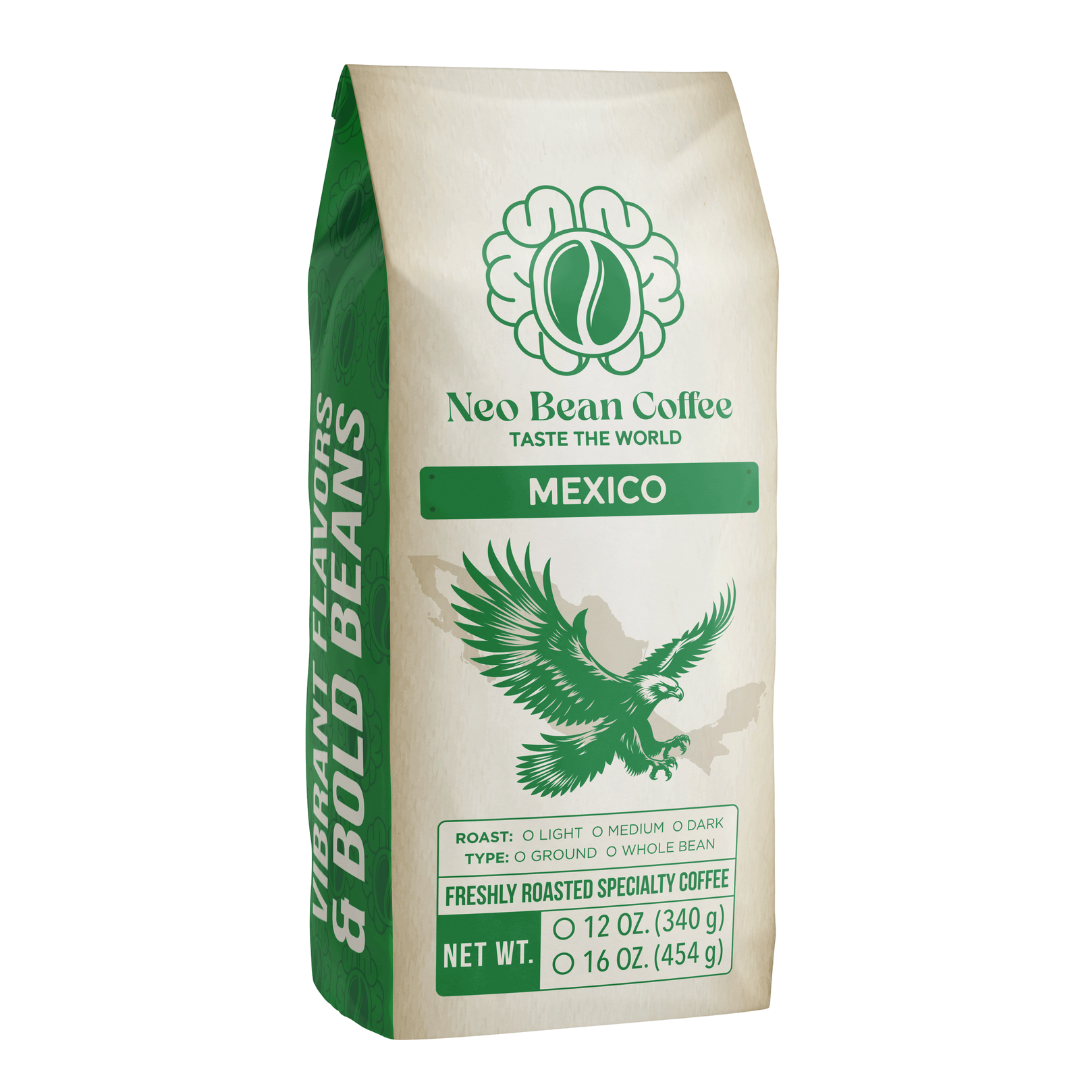 Freshly roasted NeoBean Organic Mexico Single-Origin Coffee beans in a bag, highlighting the specialty coffee's rich, vibrant flavor.