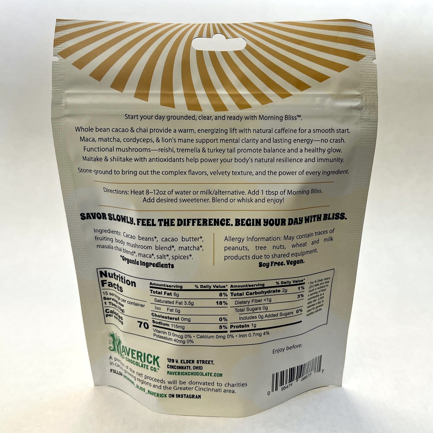 Back view of MaverickChocolate Morning Bliss functional adaptogen coffee alternative drink in a clear glass, showcasing its rich, inviting color.