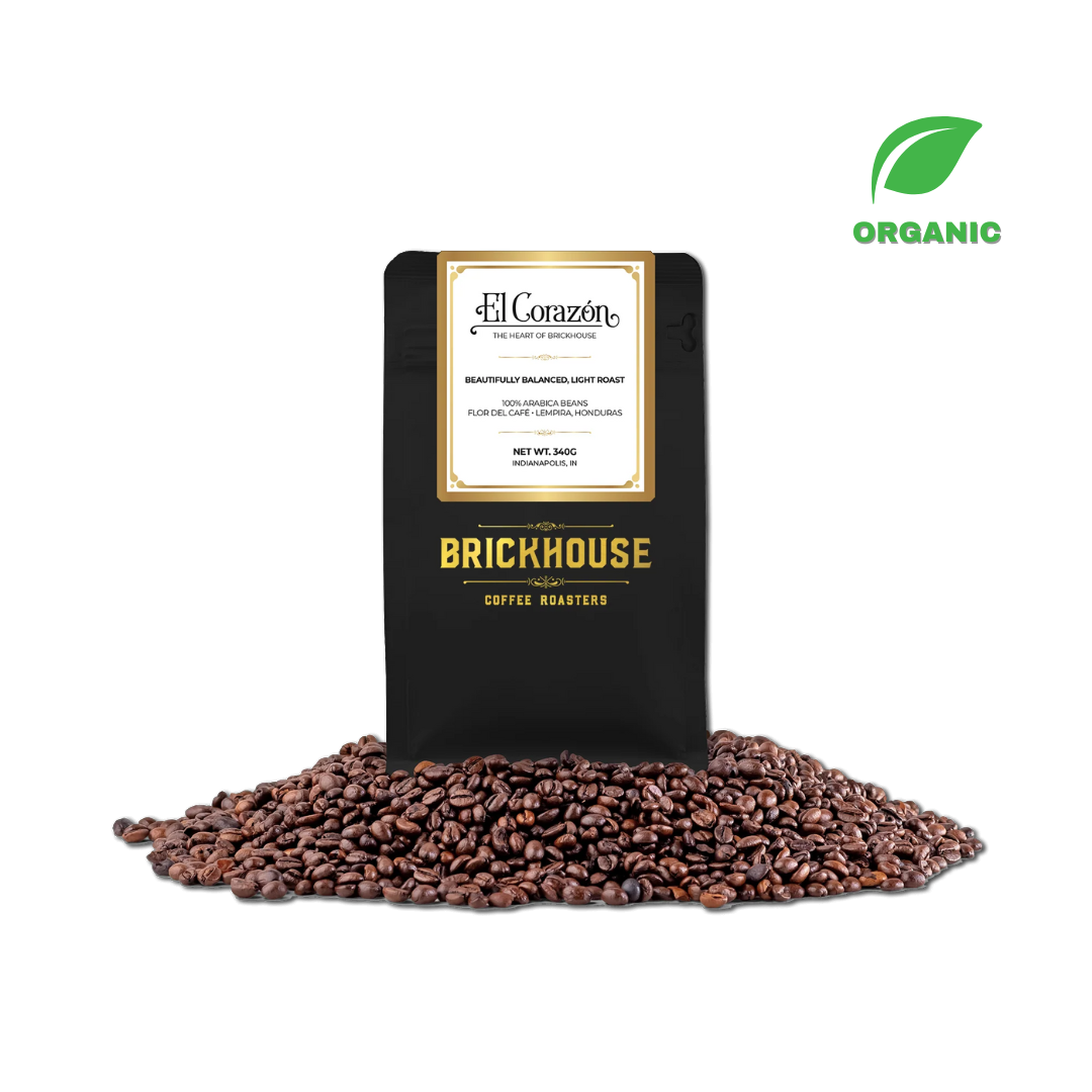 Organic El Corazón coffee bag from Brickhouse Coffee Co. showcasing the packaging with the organic label and branding.