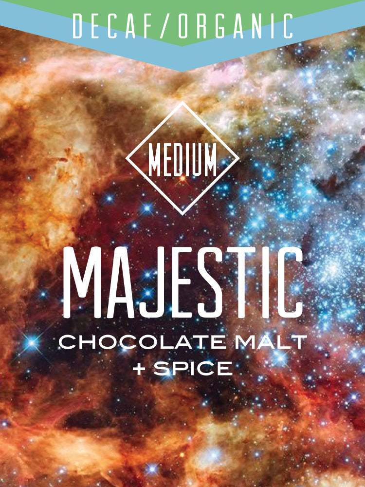 Decaf Organic Majestic Blend coffee bag from Centri Coffee with a rich, aromatic coffee bean design.