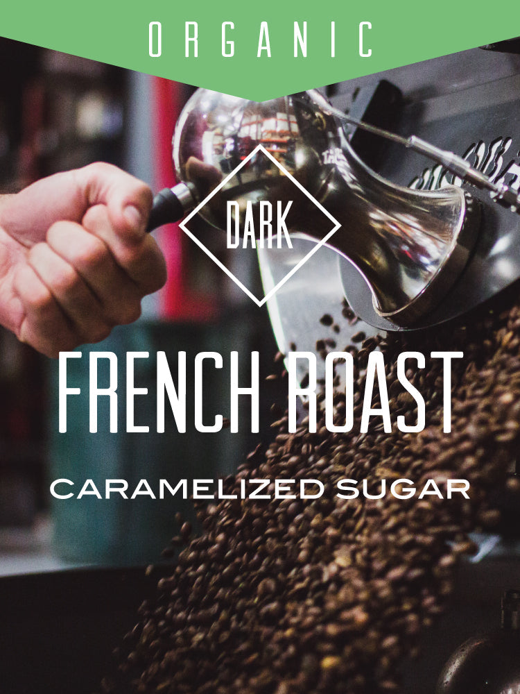 Organic French Roast coffee from Centri Coffee, dark roast beans in a bag with a rich, aromatic appearance.