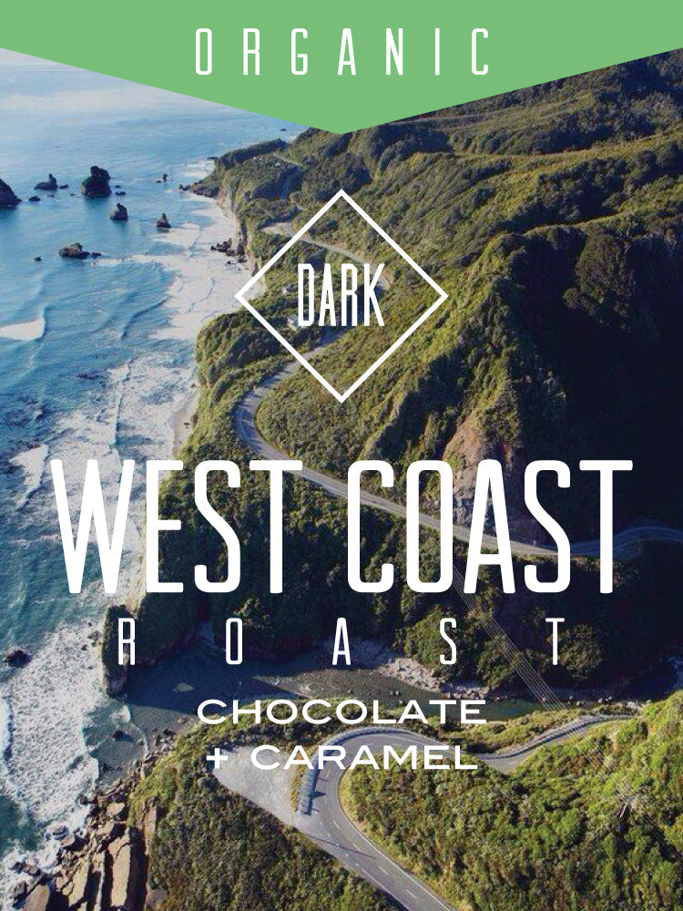 Organic West Coast Roast dark roast coffee by Centri Coffee, featuring freshly ground coffee beans in a close-up shot.