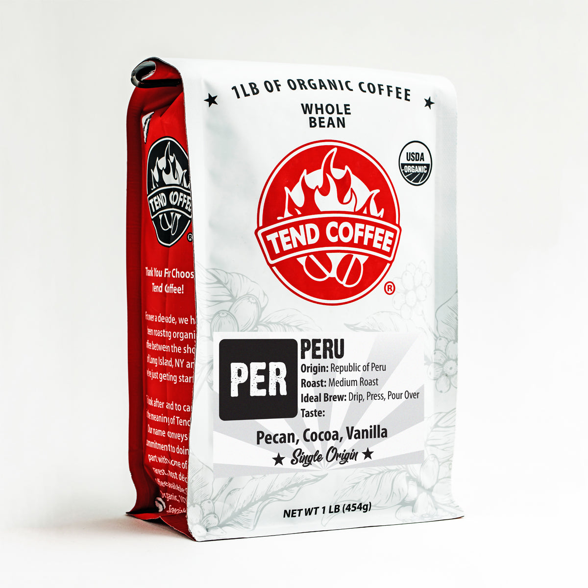 Bag of Tend Coffee Peru 1lb whole bean coffee with a label featuring Peruvian imagery and branding.