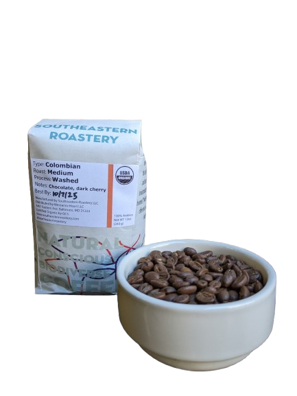 Benevolent Bean DLAC Endeavor to Dream Foundation Colombian coffee bag with medium roast label and organic certification.