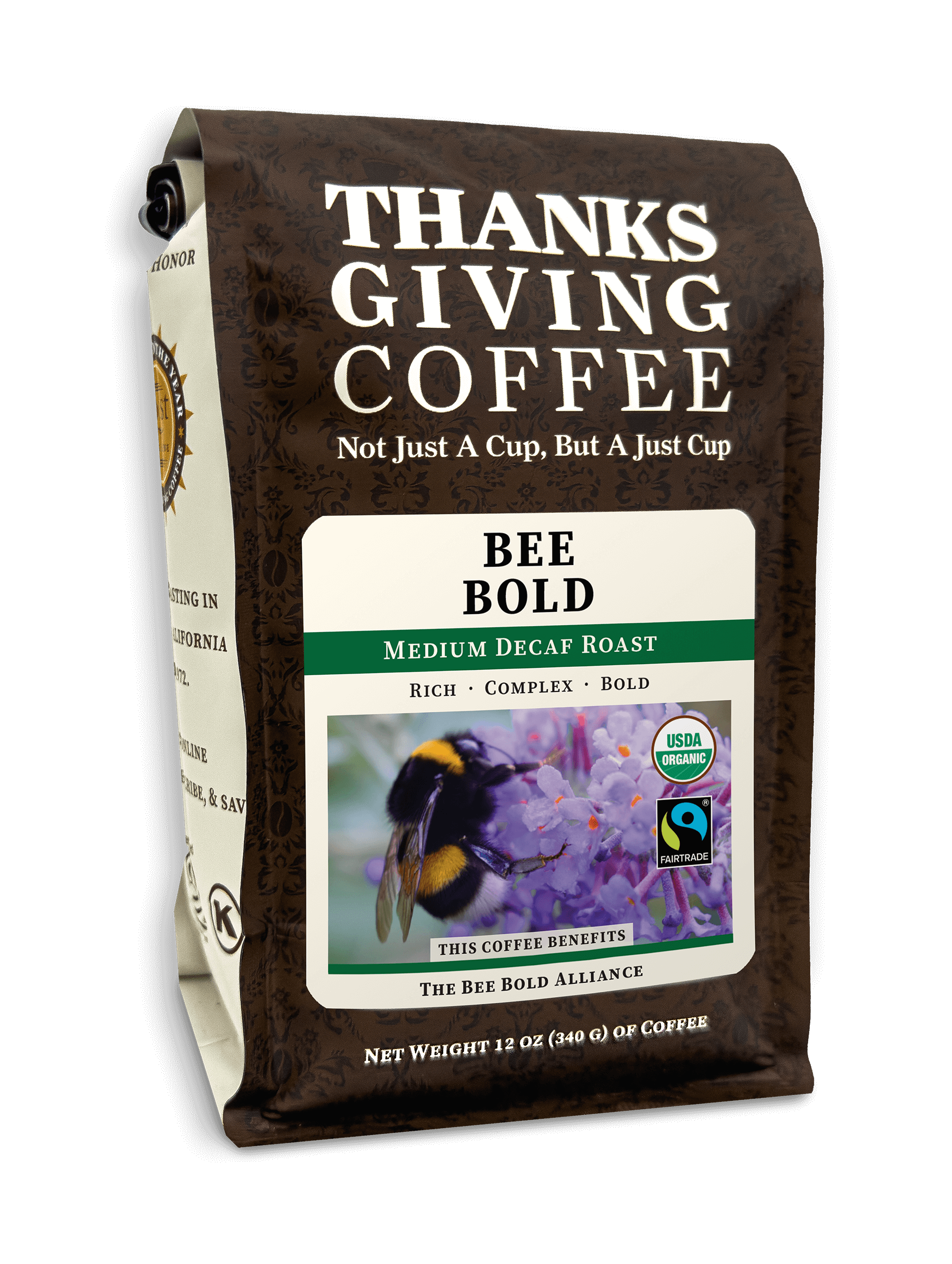 Thanksgiving Coffee Bee Bold Decaf FTO medium roast coffee package with a colorful label and bee illustration.