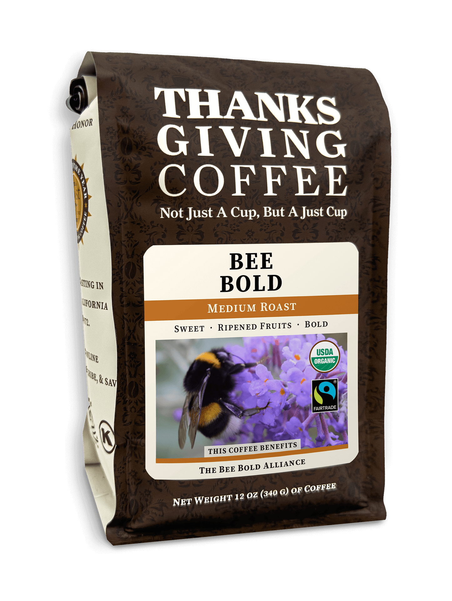 Thanksgiving Coffee Bee Bold Medium Roast FTO coffee package, featuring a colorful label and branding for rich, flavorful coffee.