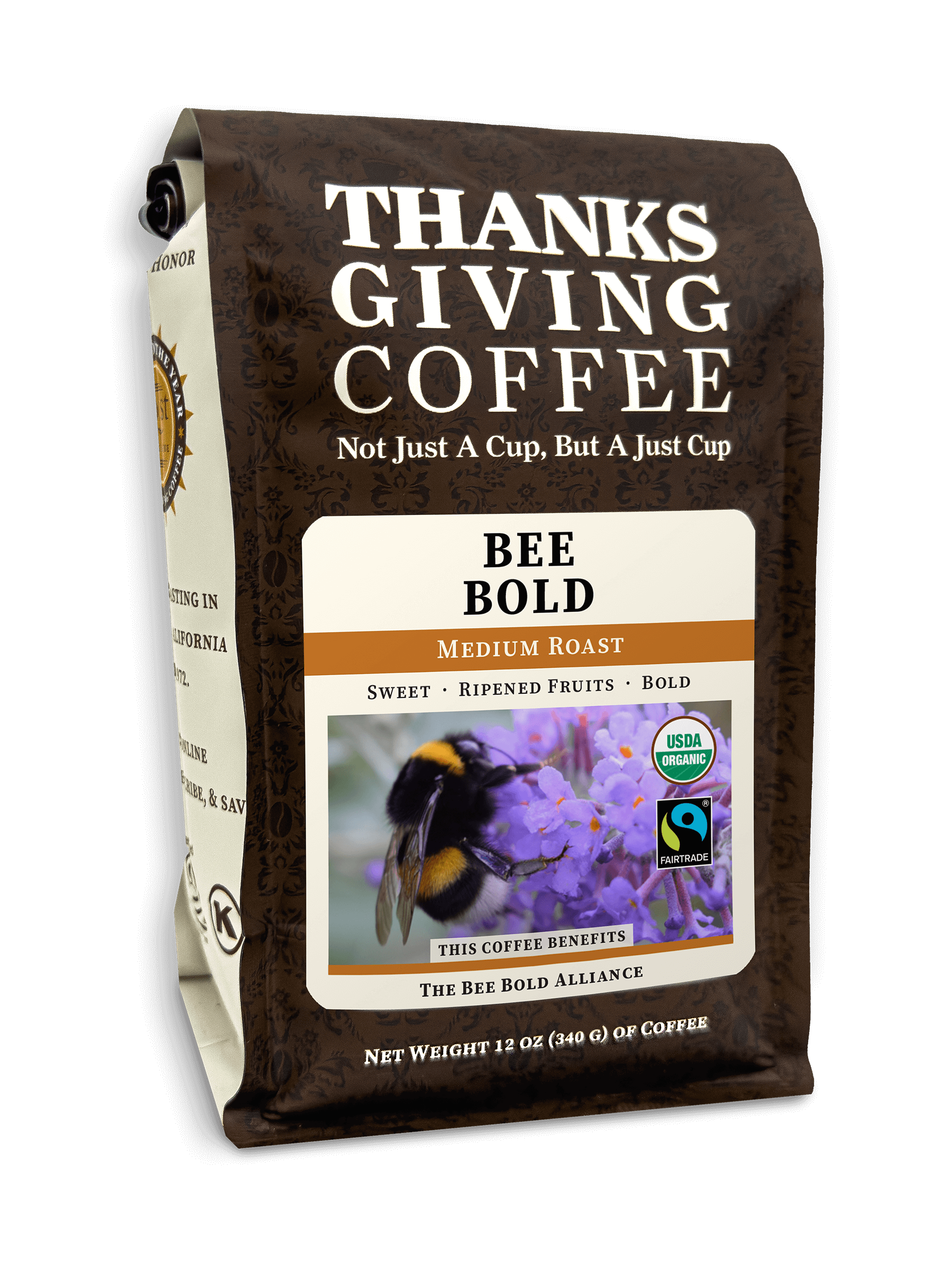 Thanksgiving Coffee Bee Bold Medium Roast FTO coffee package, featuring a colorful label and branding for rich, flavorful coffee.