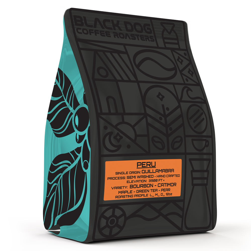 Single origin Peru coffee beans from Black Dog Coffee Roasters in a bag with a Peru-themed label and vibrant artwork.
