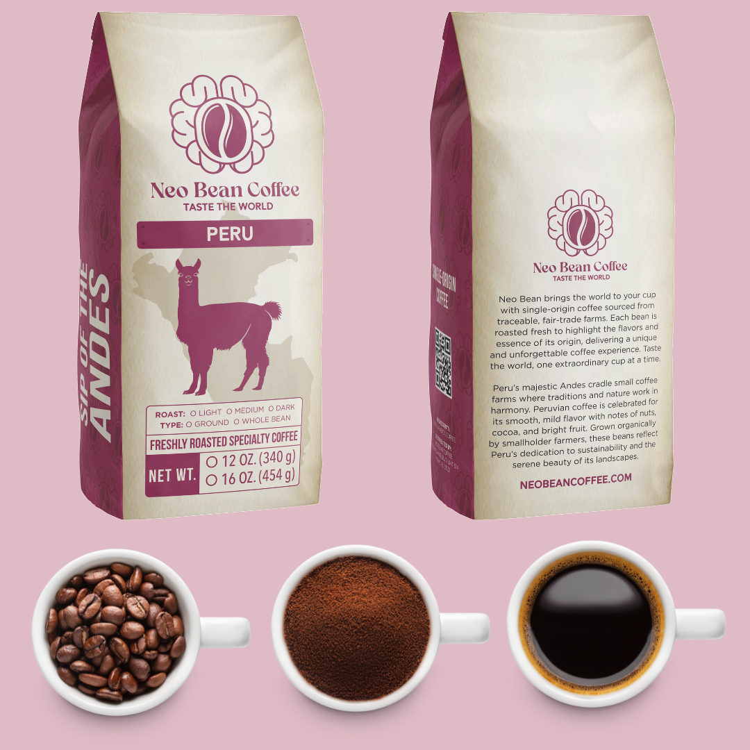Freshly roasted NeoBean Organic Peru single-origin coffee in a bag, highlighting its rich, specialty coffee qualities.