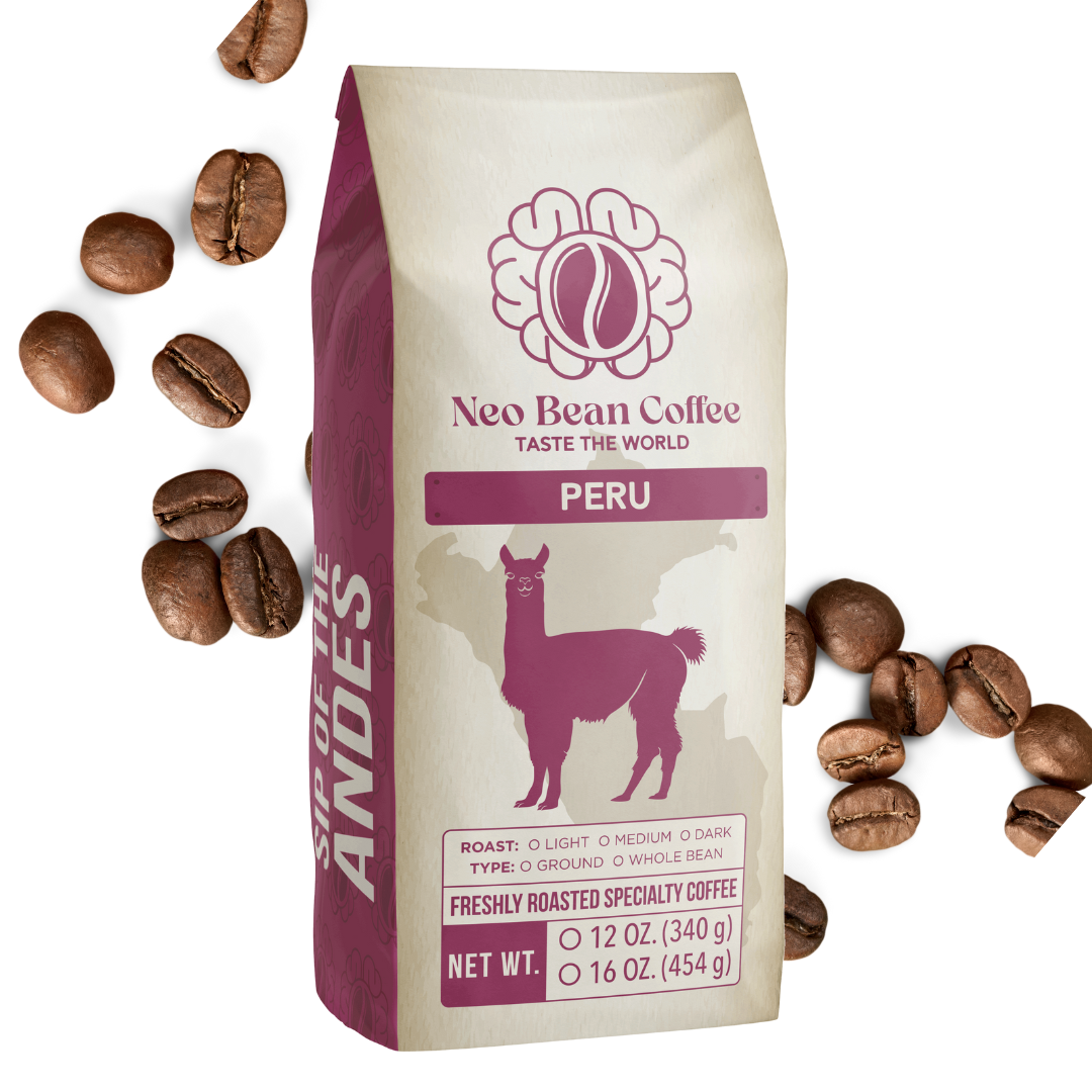 Freshly roasted Organic Peru Coffee beans from NeoBean, showcasing single-origin specialty coffee with rich, aromatic beans.