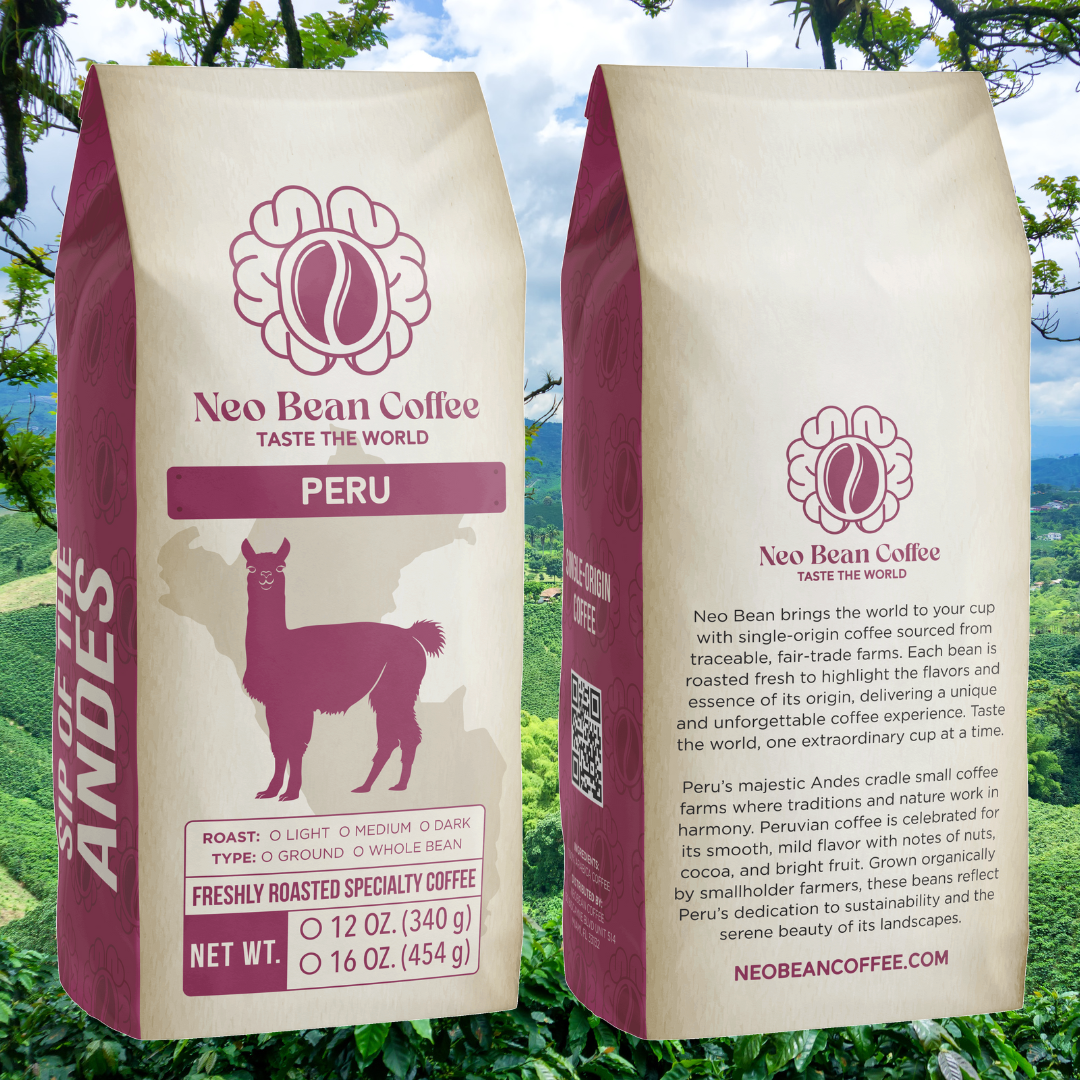 Freshly roasted Organic Peru Coffee from NeoBean, showcasing a lush Peruvian coffee farm landscape with coffee plants.