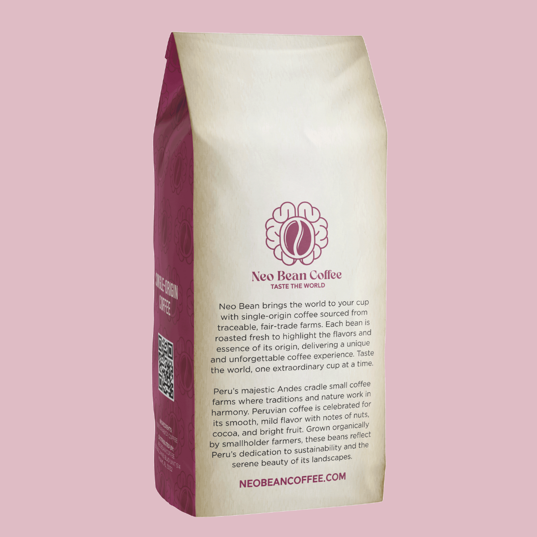 Freshly roasted Organic Peru Coffee by NeoBean, showcasing a single-origin specialty coffee bean bag.