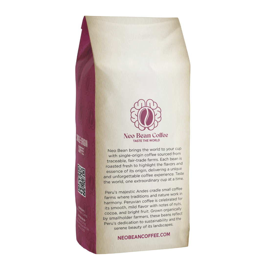 Freshly roasted Organic Peru single-origin coffee by NeoBean, showcasing vibrant beans from Peru for a rich coffee experience.