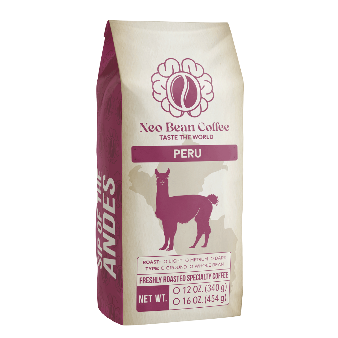 Freshly roasted NeoBean Organic Peru Single-Origin Coffee beans in a bag, highlighting the specialty coffee's origin and quality.
