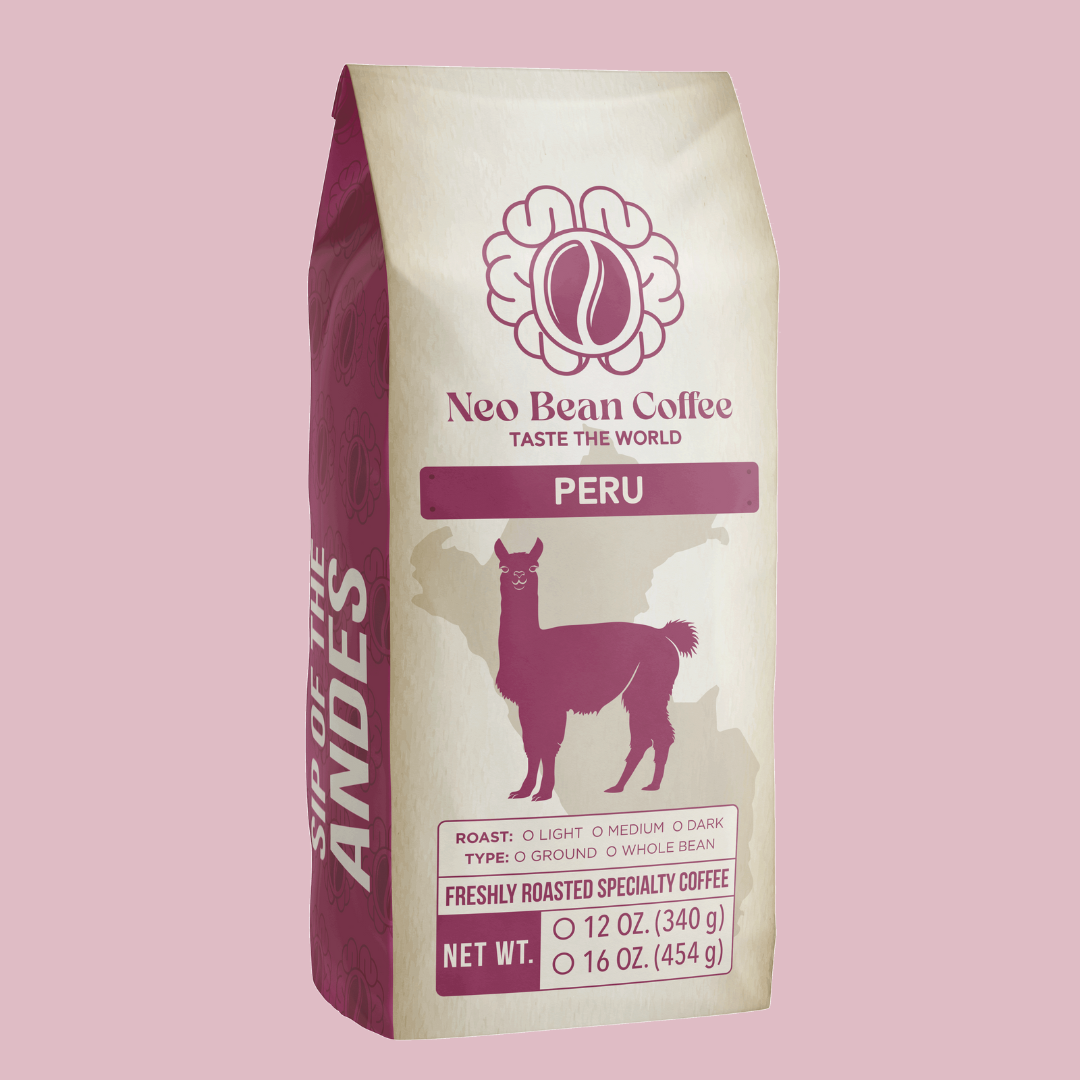 Freshly roasted NeoBean Organic Peru Coffee single-origin specialty coffee in a bag with Peruvian landscape artwork.