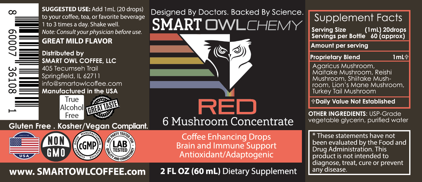 Red Drops Smart OWLchemy mushroom extract supplement drop in a 2oz bottle with a bright label featuring the Smart Owl Coffee brand.