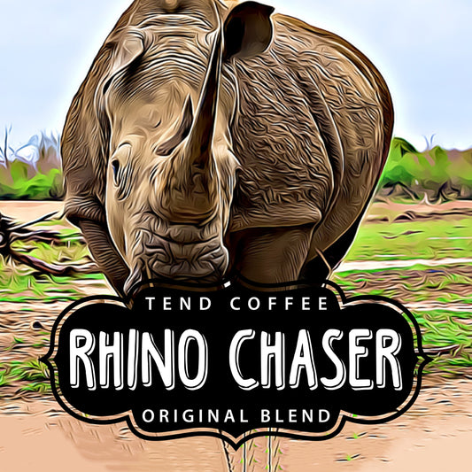 Tend Coffee Rhino Chaser coffee bag with colorful label and packaging, showcasing the Tend Coffee brand and product name.
