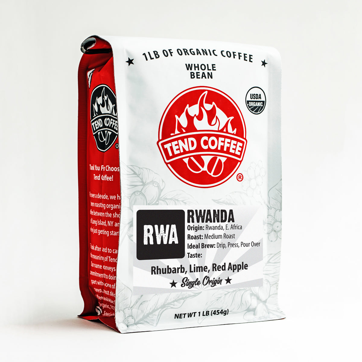 1lb Tend Coffee Rwanda coffee bag with label showing Rwanda origin and coffee branding.