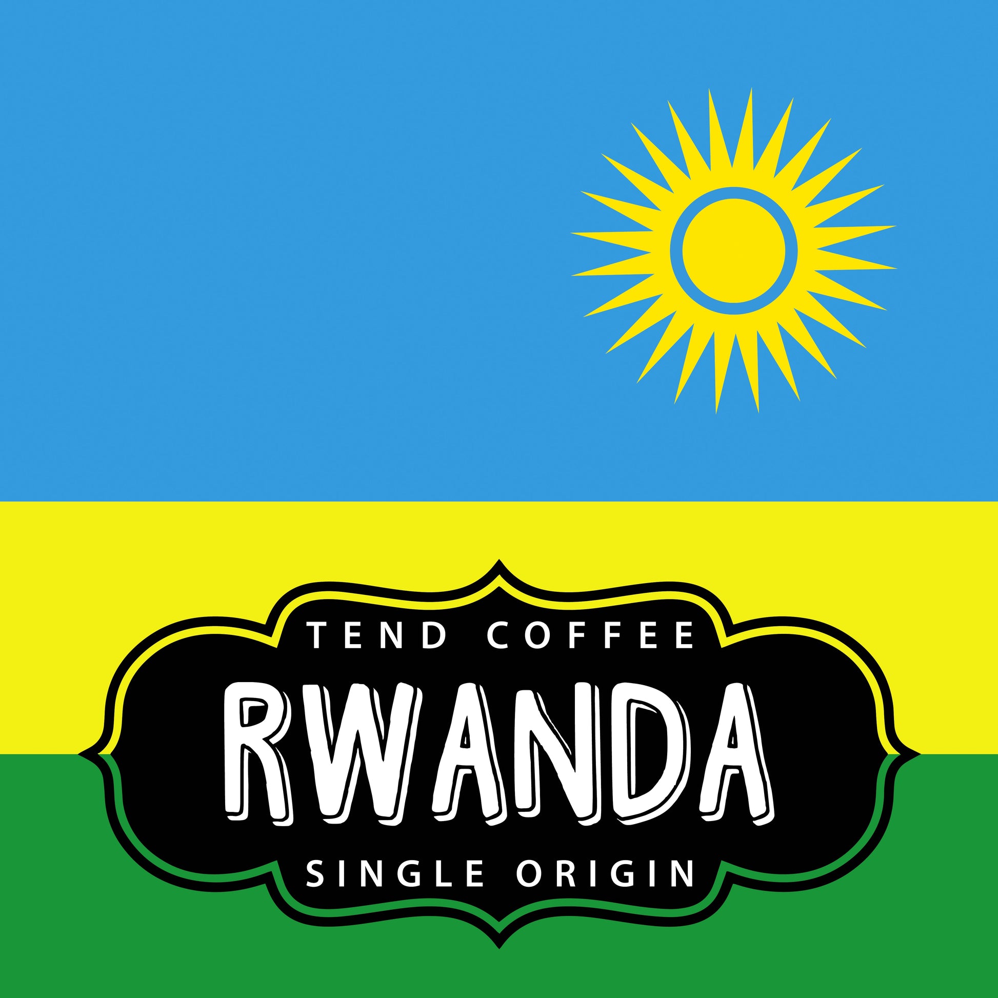 Rwanda Tend Coffee 1lb bag of premium Arabica coffee beans, showcasing freshly roasted coffee with a Rwanda origin label.