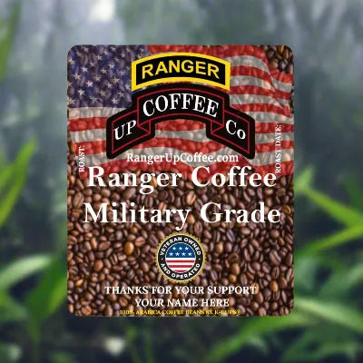 Ranger Up Coffee military grade coffee K-Cups, black coffee in a sealed package with Ranger Up branding, suitable for K-Cup brewers.