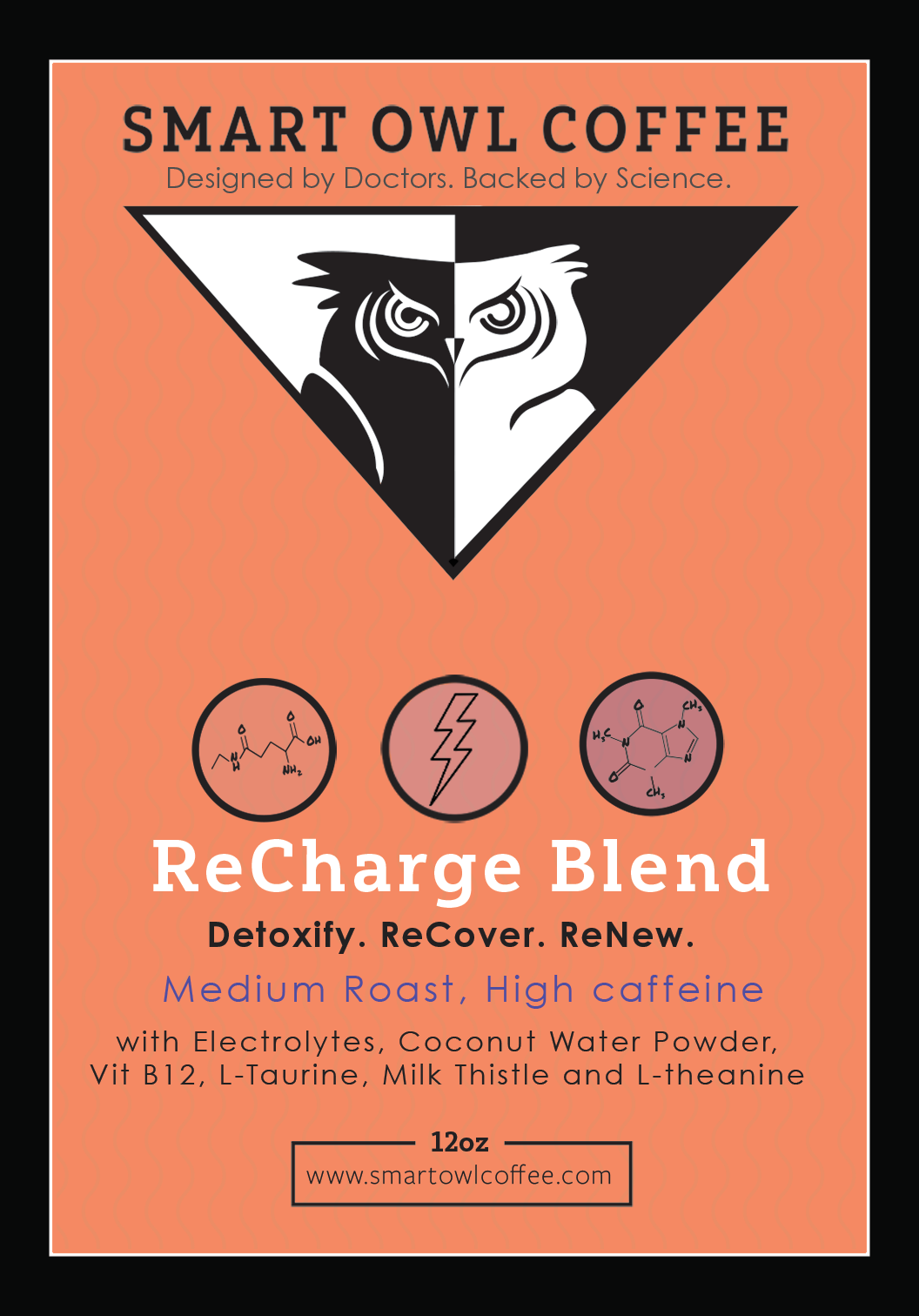 Smart Owl Coffee Recharge Blend detox coffee with label featuring natural ingredients and revitalizing design on the packaging.