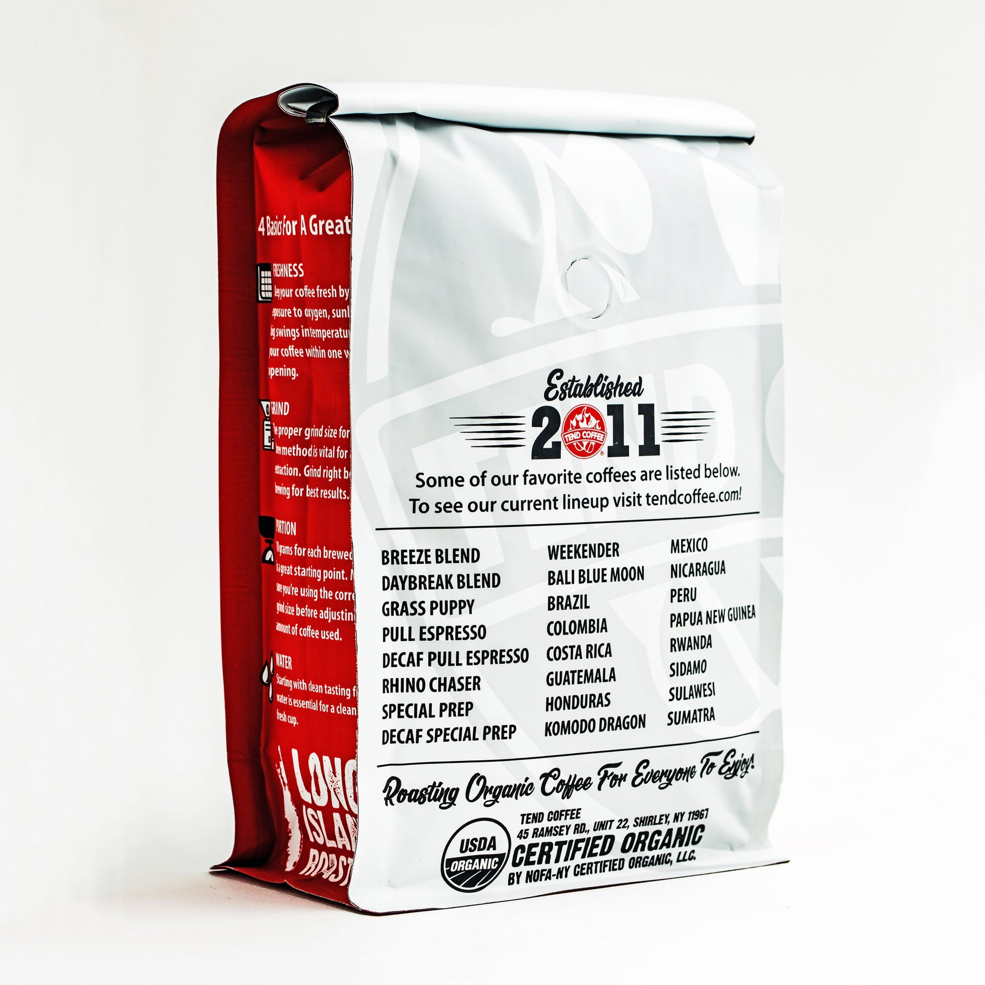 Organic Tend Coffee Decaf Special Prep Blend in a bag, showing the rear packaging with product details and branding.