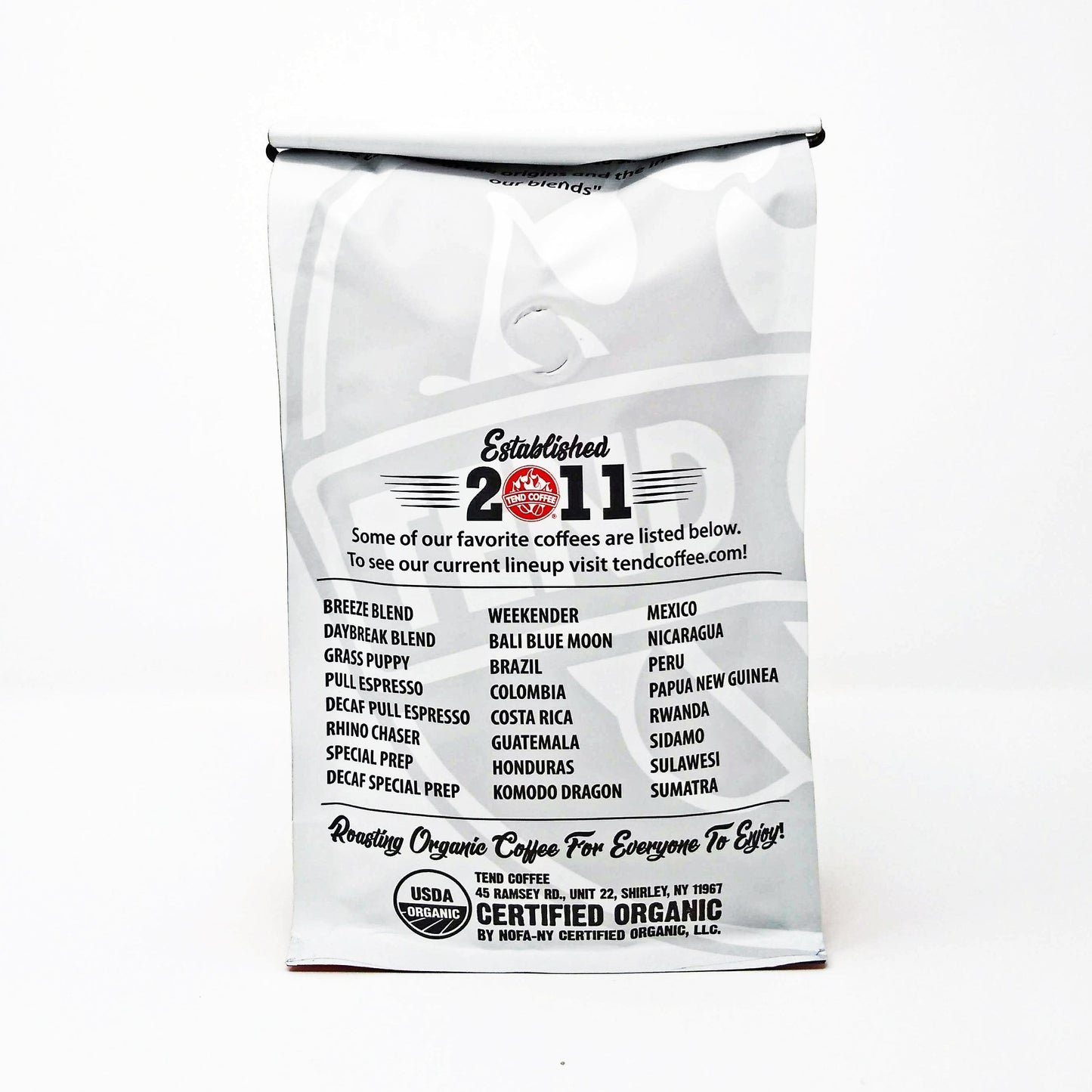 Rear view of 1lb Tend Coffee Sidamo coffee bag, showcasing the package design and branding.