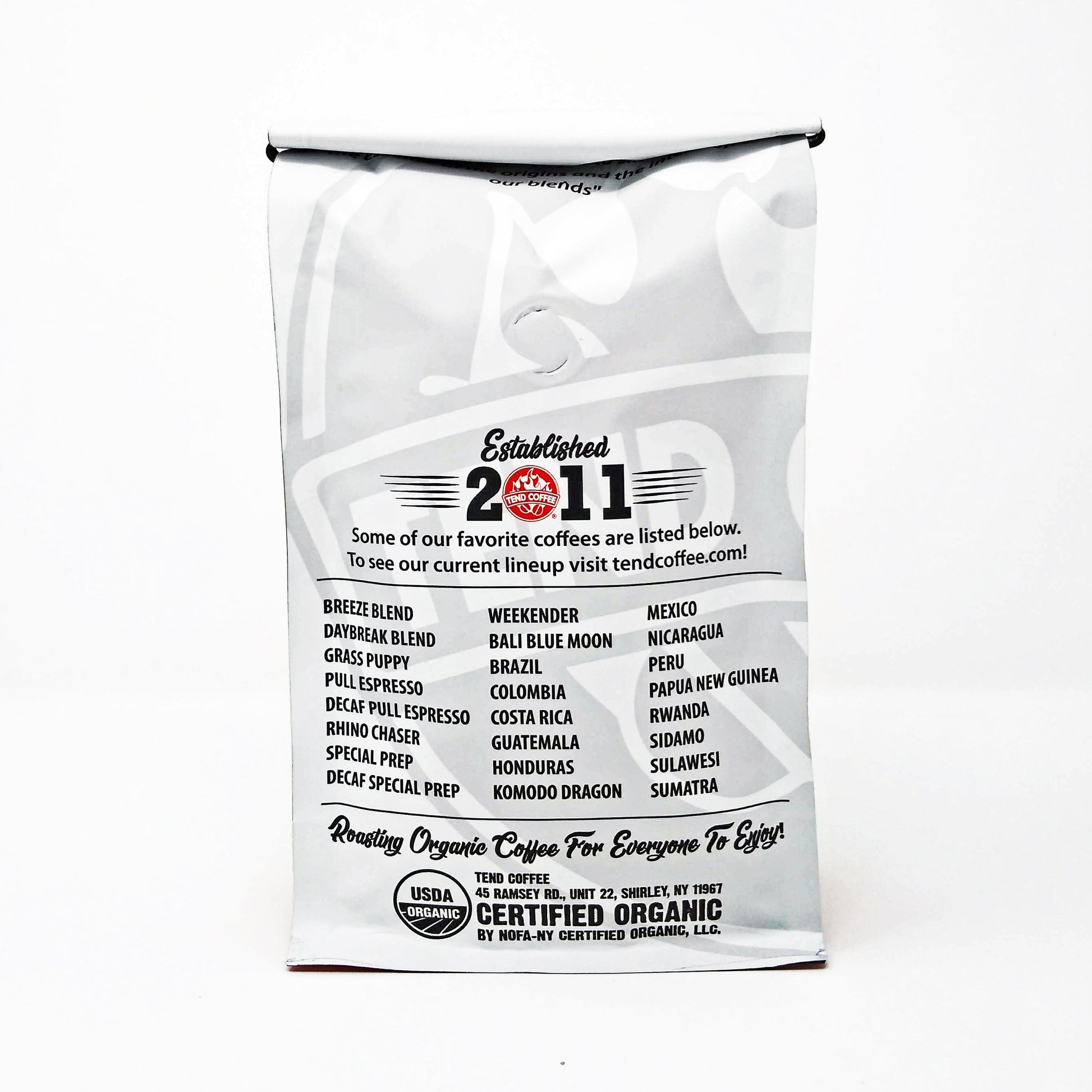 Rear view of 1lb Tend Coffee Sidamo coffee bag, showcasing the package design and branding.