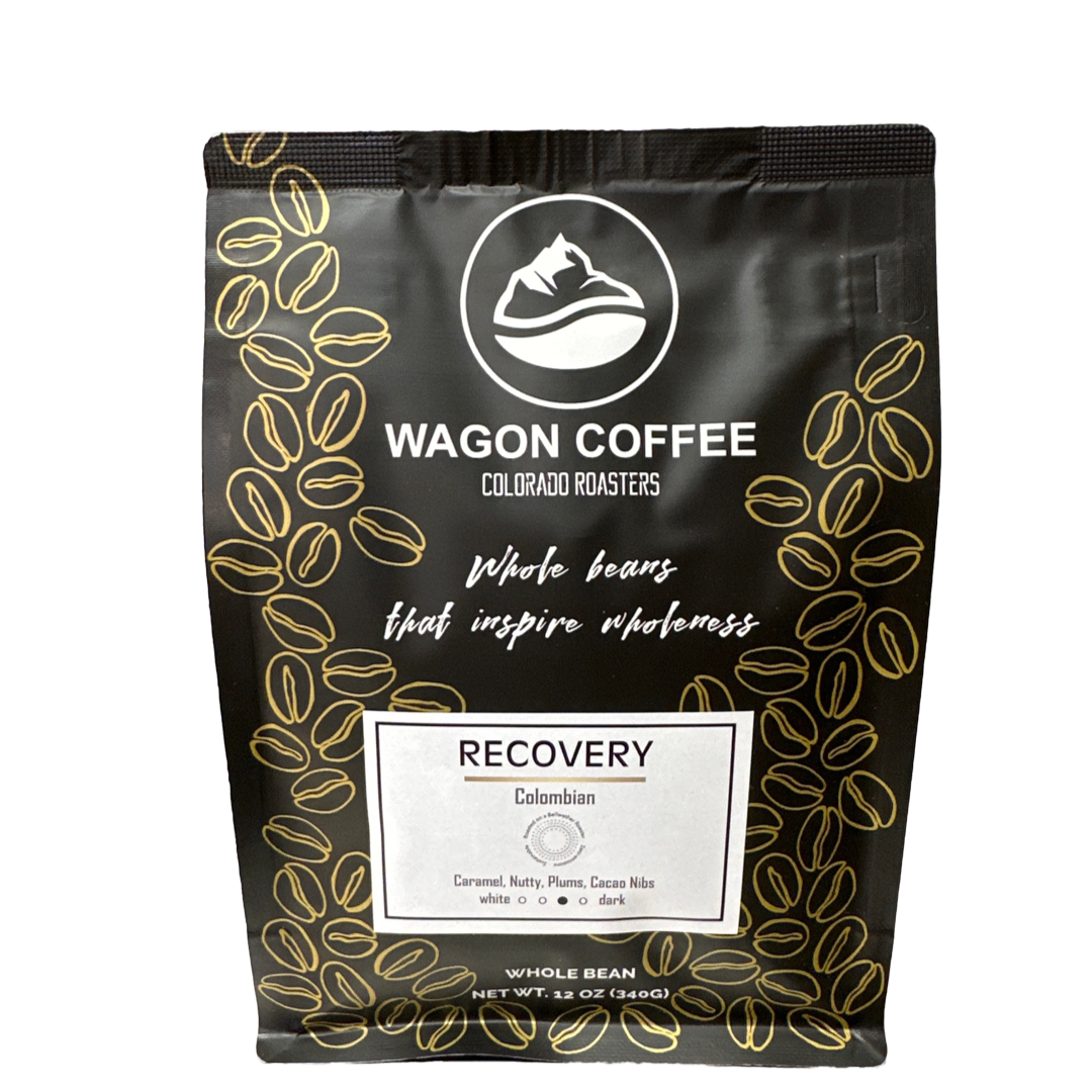 Wagon Coffee Recovery coffee in a bag, featuring a close-up of the packaging with the Recovery coffee label displayed.