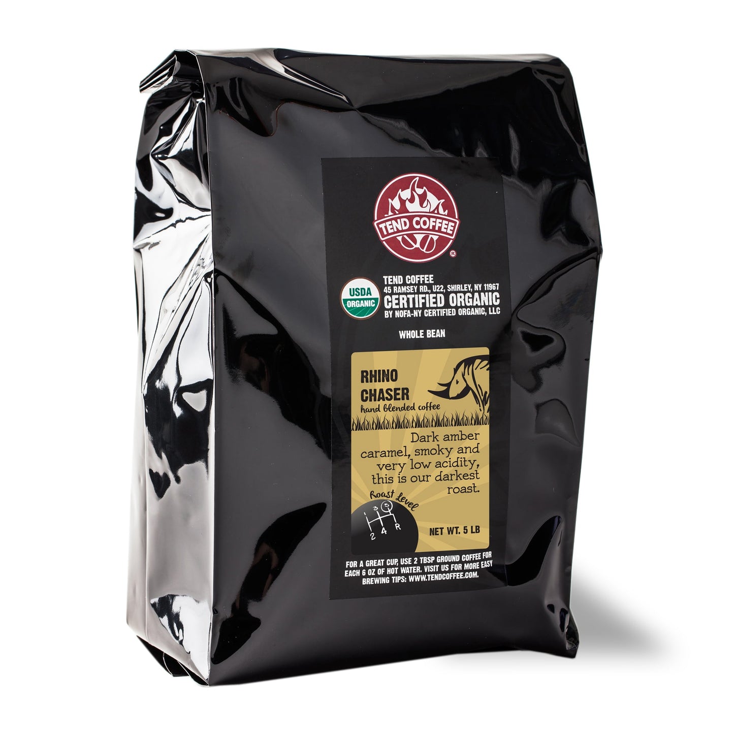 Tend Coffee Rhino Chaser 5lb bag of premium coffee beans with a bold roast, ready for brewing.