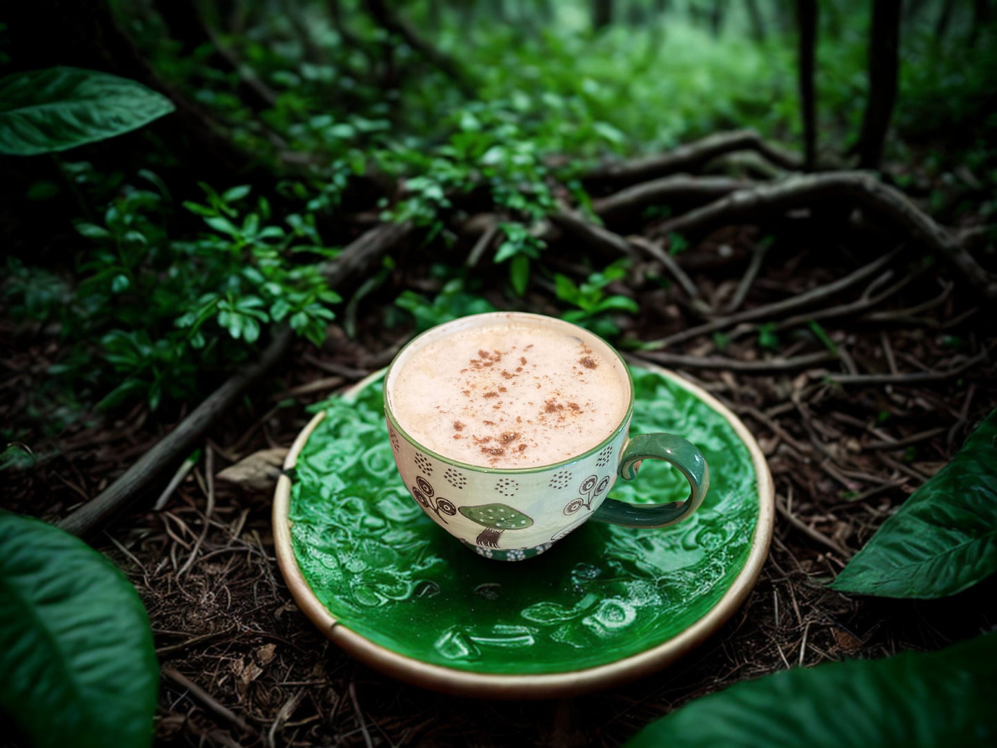 Vaidya Ayurveda Rooted Morning Ritual adaptogen mushroom beverage in a glass with a spoon and mushroom powder on a wooden table.